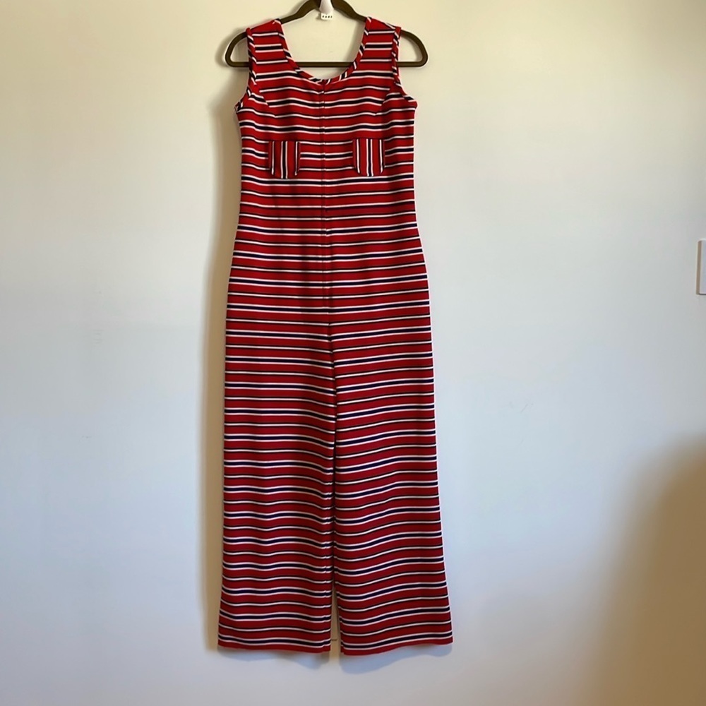 Vtg Stripe Jumpsuit MD Red Americana Retro Pants Mod 60s 70s Revival Coastal